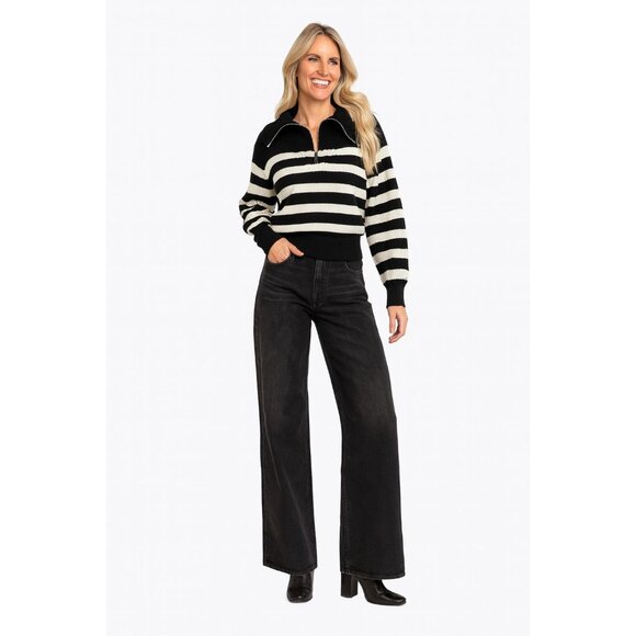 ZARA Black & Off White Medium Striped Half-Zip Sweater With Ribbed Trim - Picture 1 of 11